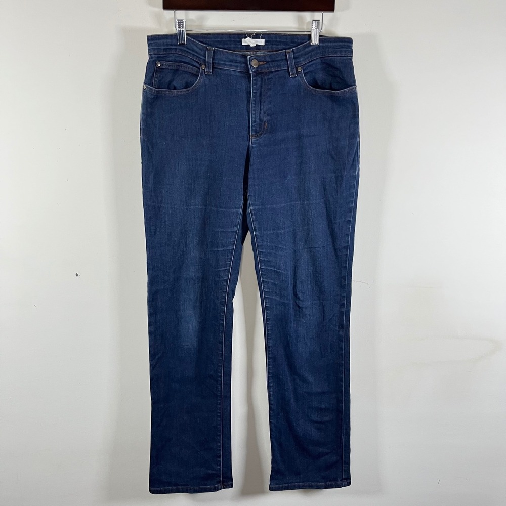 Eileen Fisher Dark Wash Straight Leg Mid Rise Jeans Organic Cotton Blend Size 12
